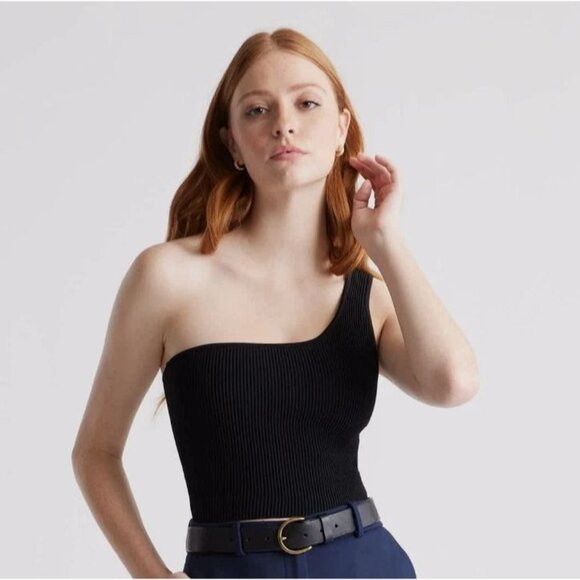 Quince Cropped One Shoulder Sweater Knit Tank Top Ribbed Black Size S - Picture 3 of 6